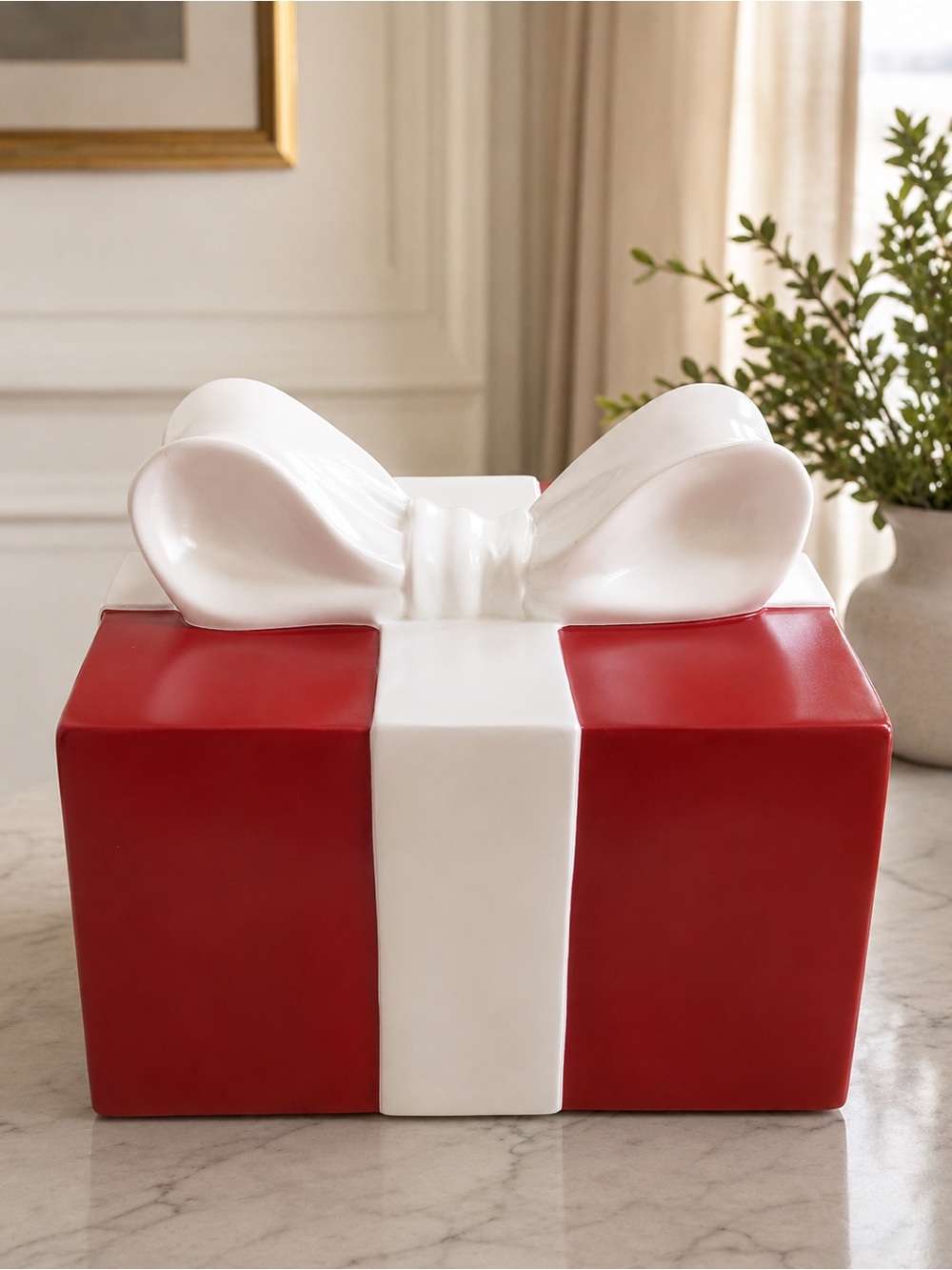 Heavy Red & White Decorative Christmas Gift Box with Bow